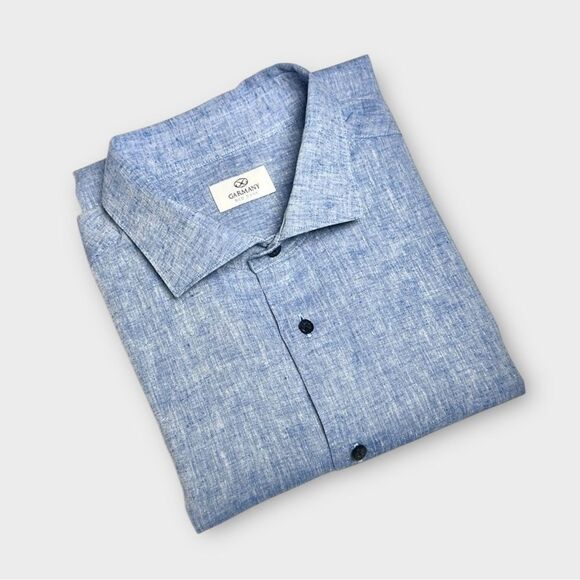 Garmany Linen Cotton Shirt Blue Button Down Long Sleeve Fitted Italy XL - Picture 1 of 12